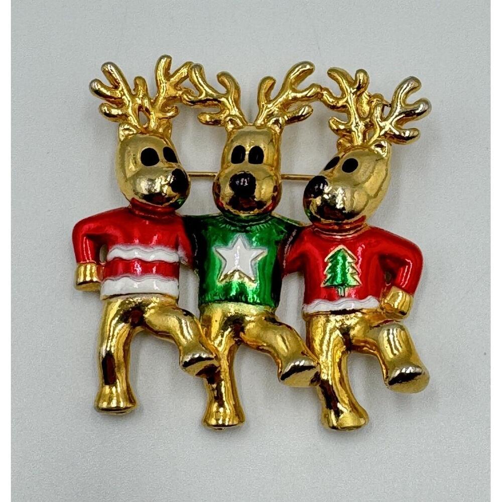 AJC Vintage Gold Tone Red Green Dancing‎ Reindeer Christmas Brooch Holiday Pin 1